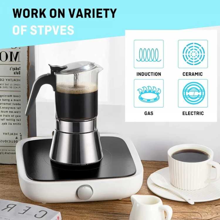 Stovetop Espresso Maker, Crystal Glass-top & Stainless Steel Espresso Moka Pot,Classic Italian coffee maker